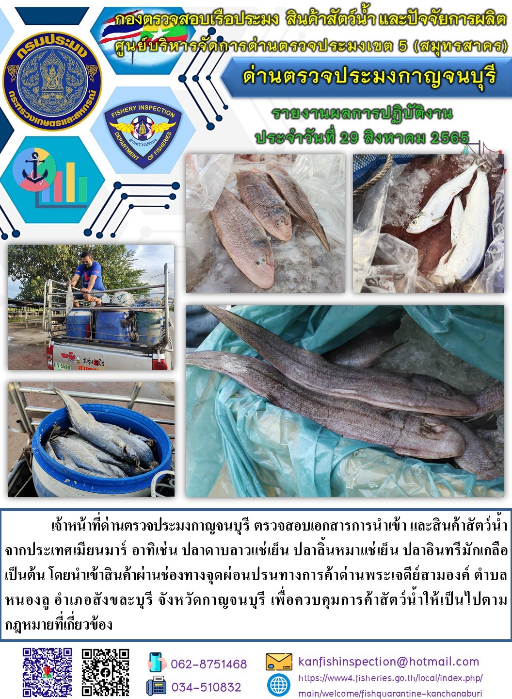 วันที่ 29 สิงหาคม 2565 นายสมพงษ์ คำพล หัวหน้าด่านตรวจประมงกาญจนบุรี มอบหมายให้ เจ้าหน้าที่ด่านตรวจประมงกาญจนบุรี ตรวจสอบเอกสารการนำเข้า และสินค้าสัตว์น้ำ จากประเทศเมียนมาร์ อาทิเช่น ปลาดาบลาวแช่เย็น ปลาลิ้นหมาแช่เย็น ปลาอินทรีมักเกลือ เป็นต้น โดยนำเข้าสินค้าผ่านช่องทางจุดผ่อนปรนทางการค้าด่านพระเจดีย์สามองค์..คลิก