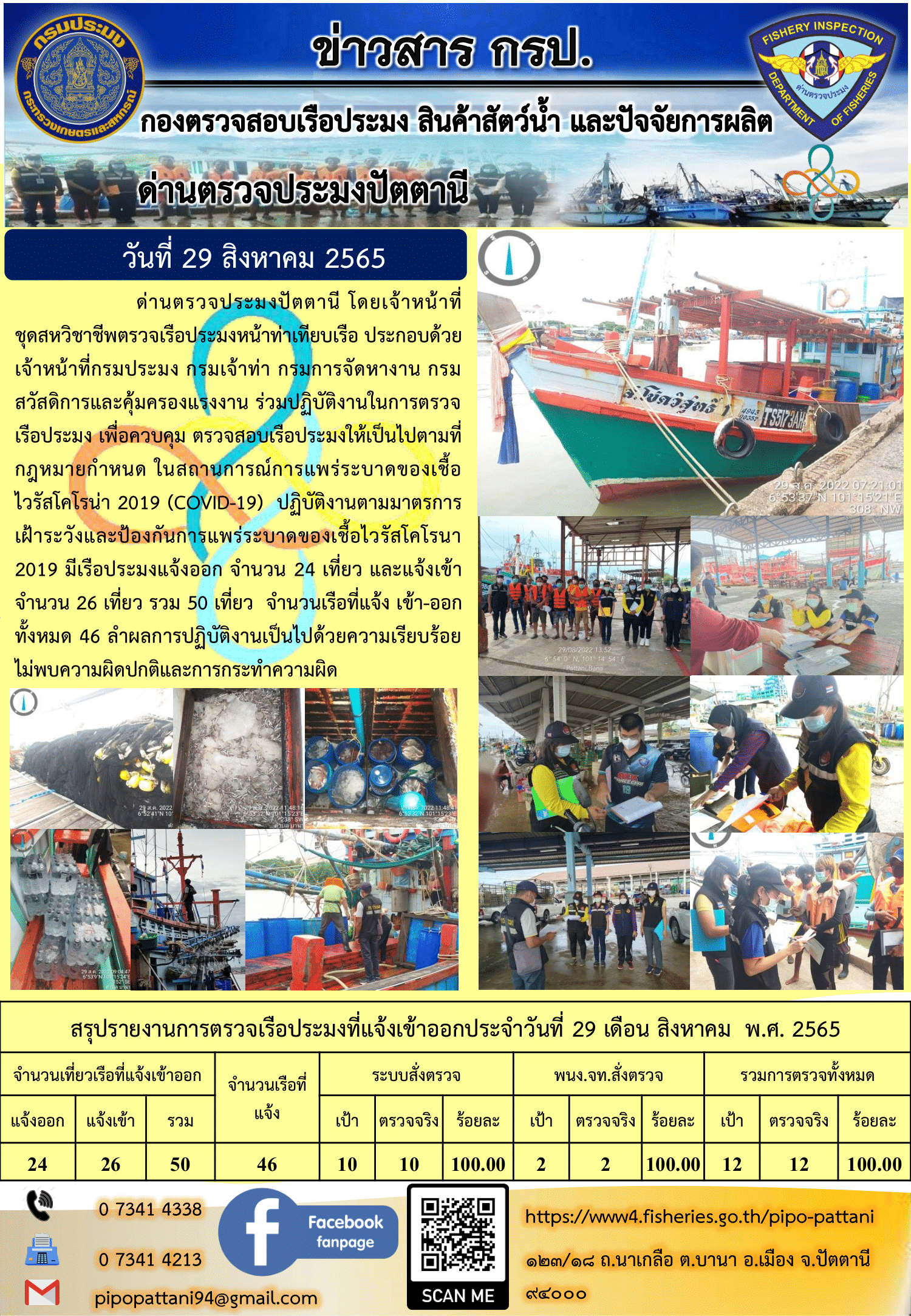 ข่าวสารการปฏิบัติงาน ด่านตรวจประมงปัตตานี 29 ส.ค. 65..คลิก