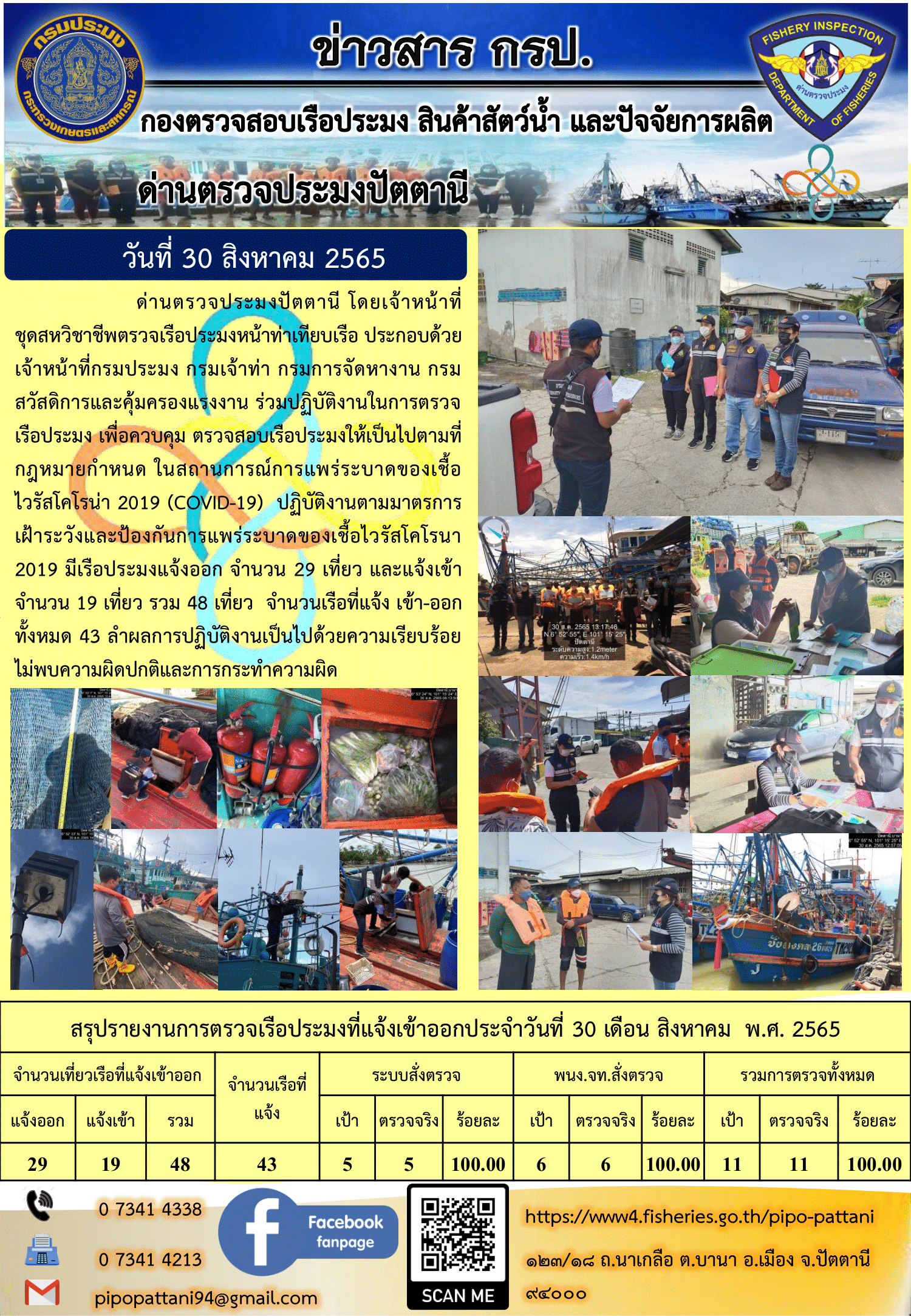 ข่าวสารการปฏิบัติงาน ด่านตรวจประมงปัตตานี 30 ส.ค. 65..คลิก