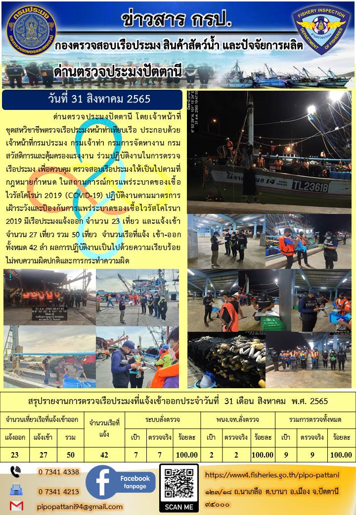 ข่าวสารการปฏิบัติงาน ด่านตรวจประมงปัตตานี 31 ส.ค. 65..คลิก