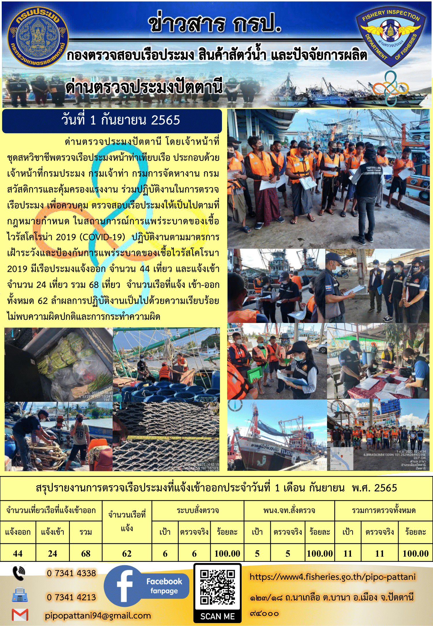 ข่าวสารการปฏิบัติงาน ด่านตรวจประมงปัตตานี 1 ก.ย. 65..คลิก