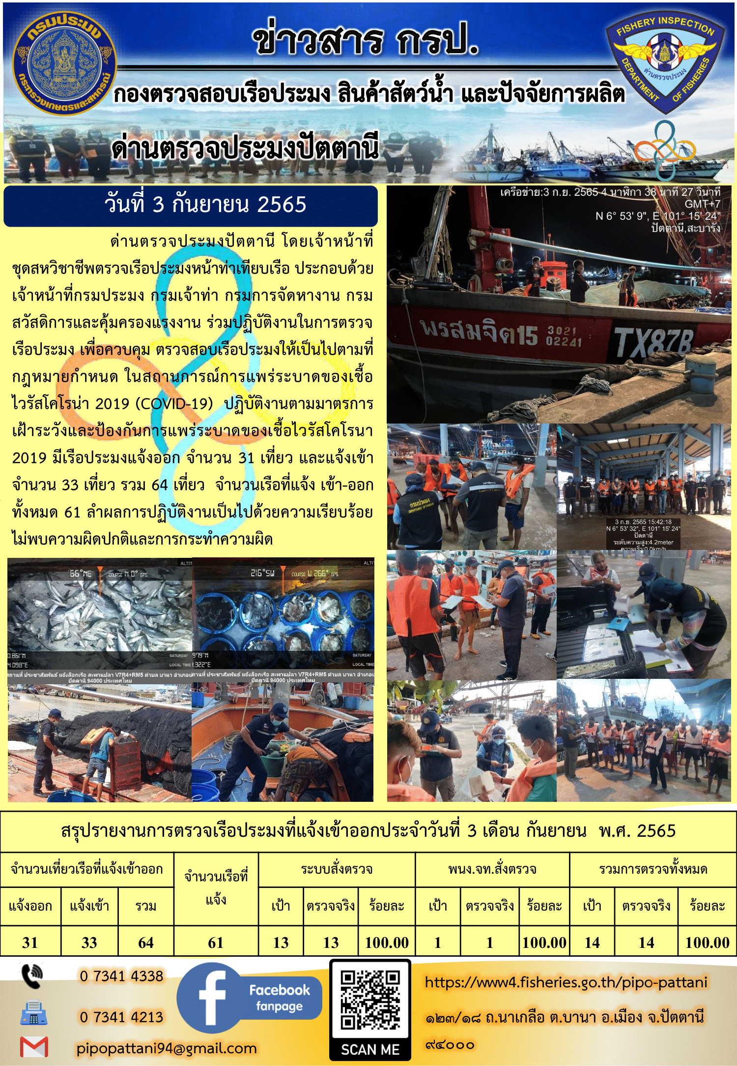 ข่าวสารการปฏิบัติงาน ด่านตรวจประมงปัตตานี 3 ก.ย. 65..คลิก