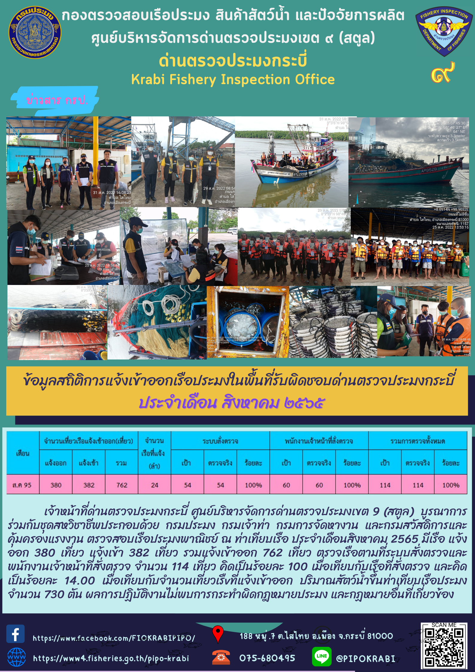 ประชาสัมพันธ์ข้อมูลสถิติการแจ้งเข้าออกเรือประมงในจังหวัดกระบี่ ประจำเดือนสิงหาคม 2565..คลิก