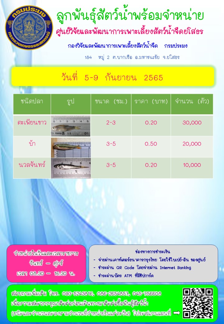 ลูกพันธุ์สัตว์น้ำพร้อมจำหน่าย 5 - 9 ก.ย. 2565..คลิก