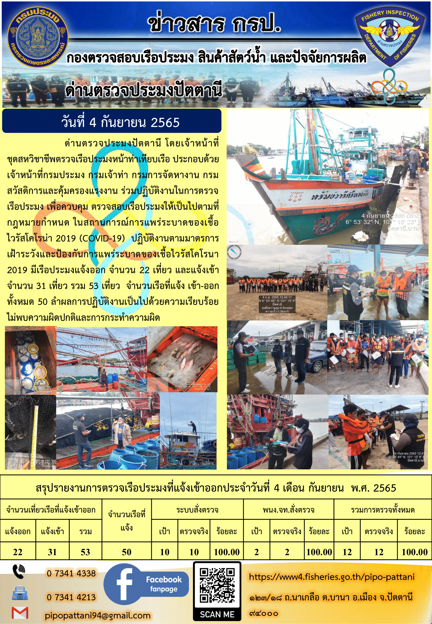 ข่าวสารการปฏิบัติงาน ด่านตรวจประมงปัตตานี 4 ก.ย. 65..คลิก