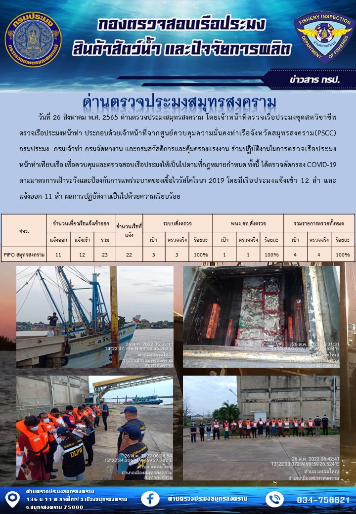 สถิติการแจ้งเข้า - ออกเรือประมงพาณิชย์ ด่านตรวจประมงสมุทรสงคราม ประจำวันที่ 26 สิงหาคม 2565..คลิก