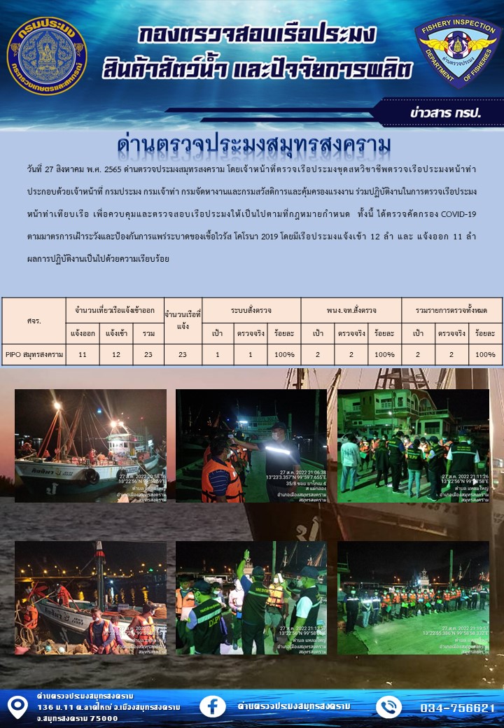 สถิติการแจ้งเข้า - ออกเรือประมงพาณิชย์ ด่านตรวจประมงสมุทรสงคราม ประจำวันที่ 27 สิงหาคม 2565..คลิก