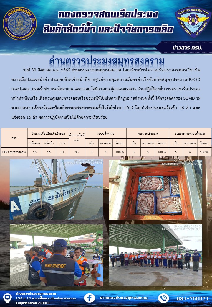 สถิติการแจ้งเข้า - ออกเรือประมงพาณิชย์ ด่านตรวจประมงสมุทรสงคราม ประจำวันที่ 30 สิงหาคม 2565..คลิก