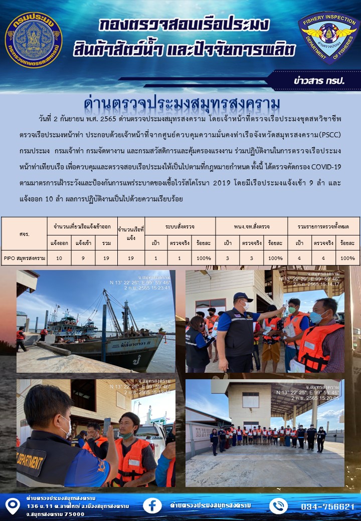 สถิติการแจ้งเข้า - ออกเรือประมงพาณิชย์ ด่านตรวจประมงสมุทรสงคราม ประจำวันที่ 2 กันยายน 2565..คลิก
