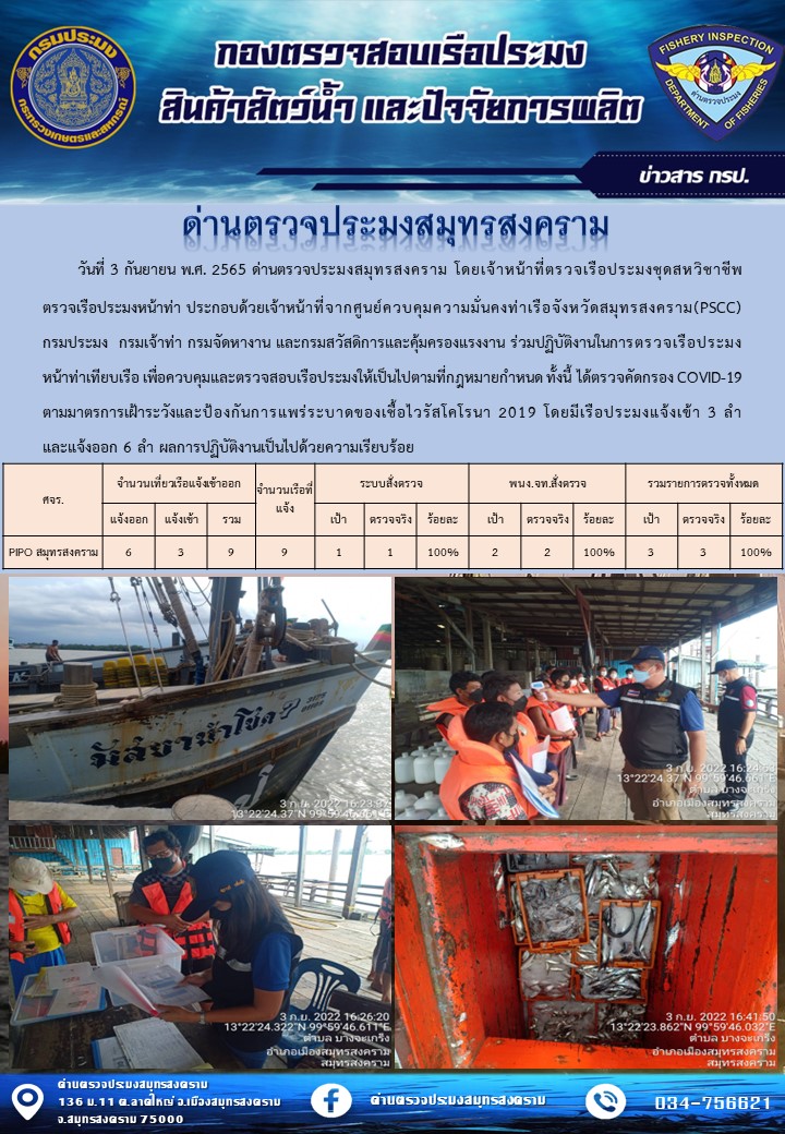สถิติการแจ้งเข้า - ออกเรือประมงพาณิชย์ ด่านตรวจประมงสมุทรสงคราม ประจำวันที่ 3 กันยายน 2565..คลิก