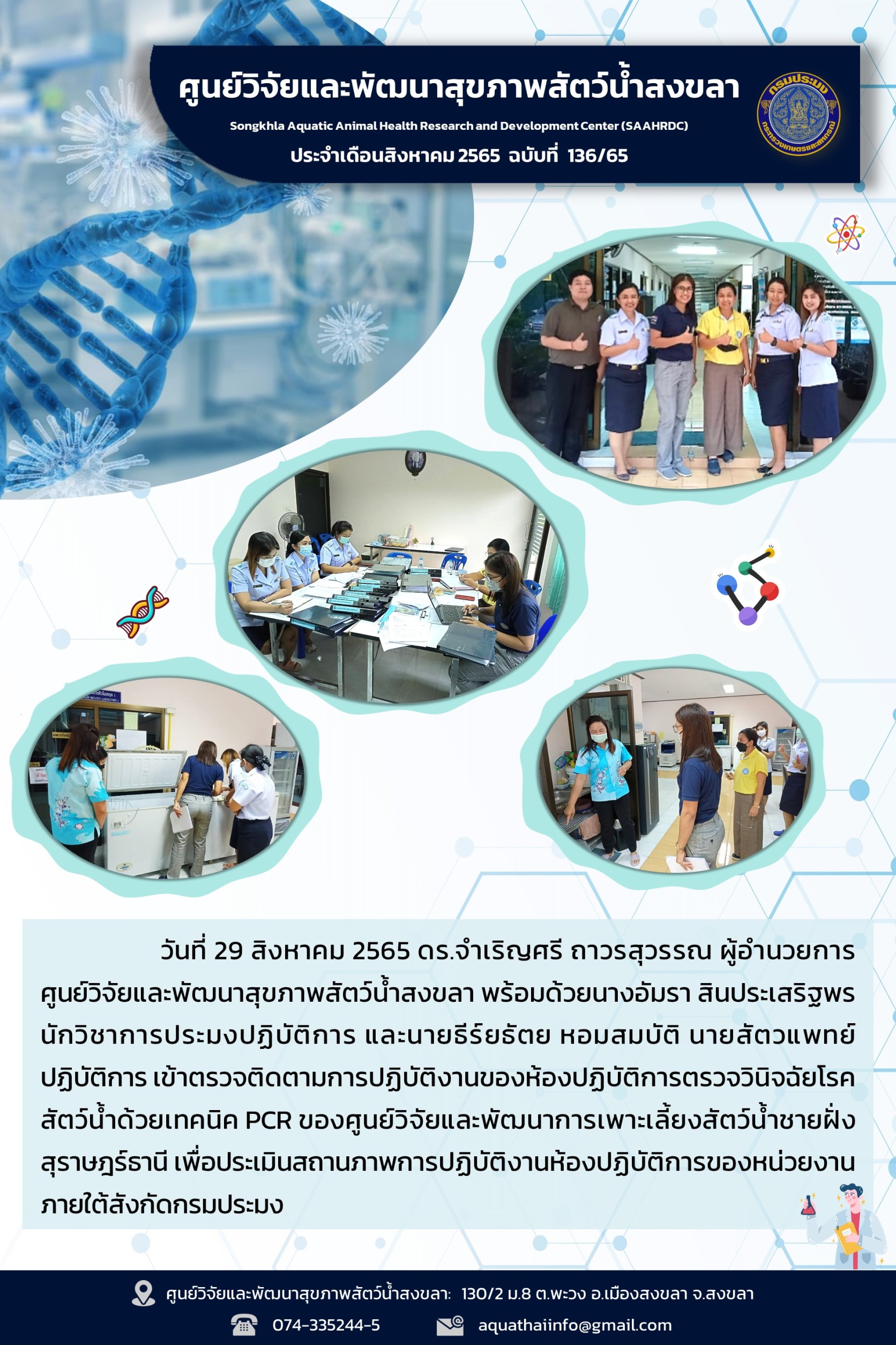 ฉบับที่ 136/65  ศูนย์วิจัยและพัฒนาสุขภาพสัตว์น้ำสงขลา เข้าตรวจติดตามการปฏิบัติงานของห้องปฏิบัติการตรวจวินิจฉัยโรค สัตว์น้ำด้วยเทคนิค PCR..คลิก