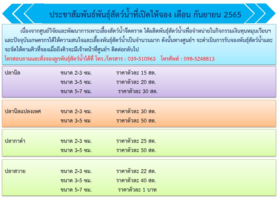 ประชาสัมพันธ์พันธุ์สัตว์น้ำที่เปิดให้จอง เดือน กันยายน 2565..คลิก
