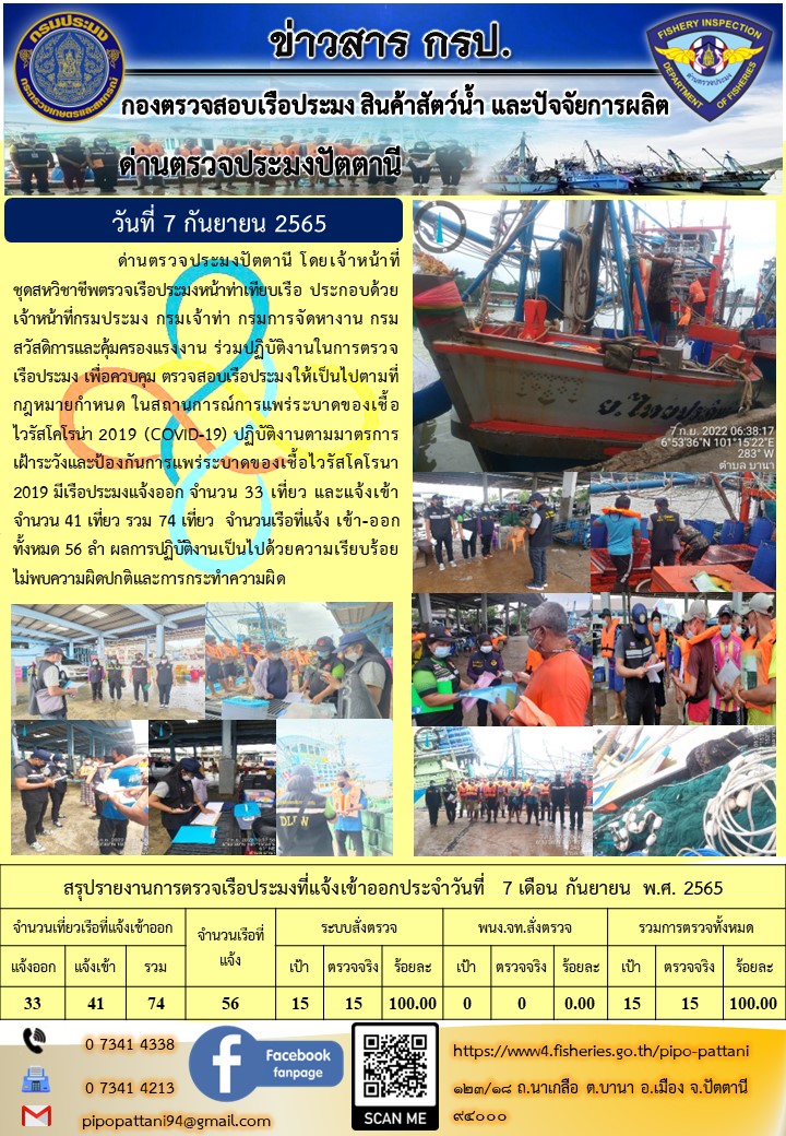 ข่าวสารการปฏิบัติงาน ด่านตรวจประมงปัตตานี 7 ก.ย. 65..คลิก