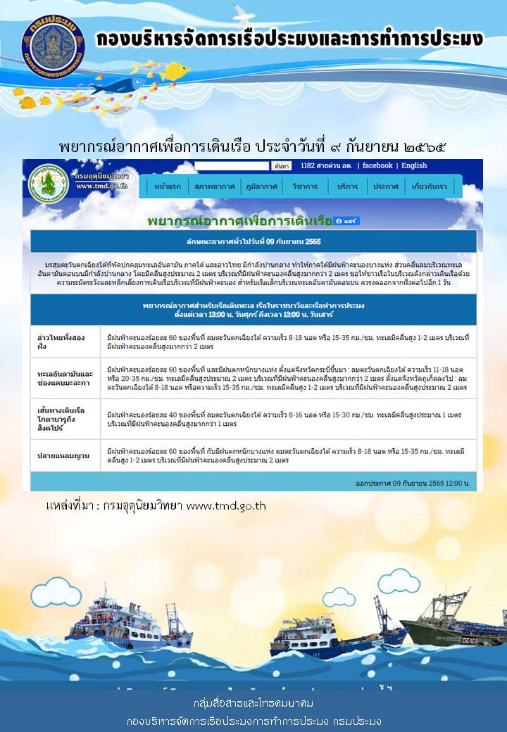 พยากรณ์อากาศเพื่อการเดินเรือ ประจำวันที่ 9 กันยายน 2565..คลิก