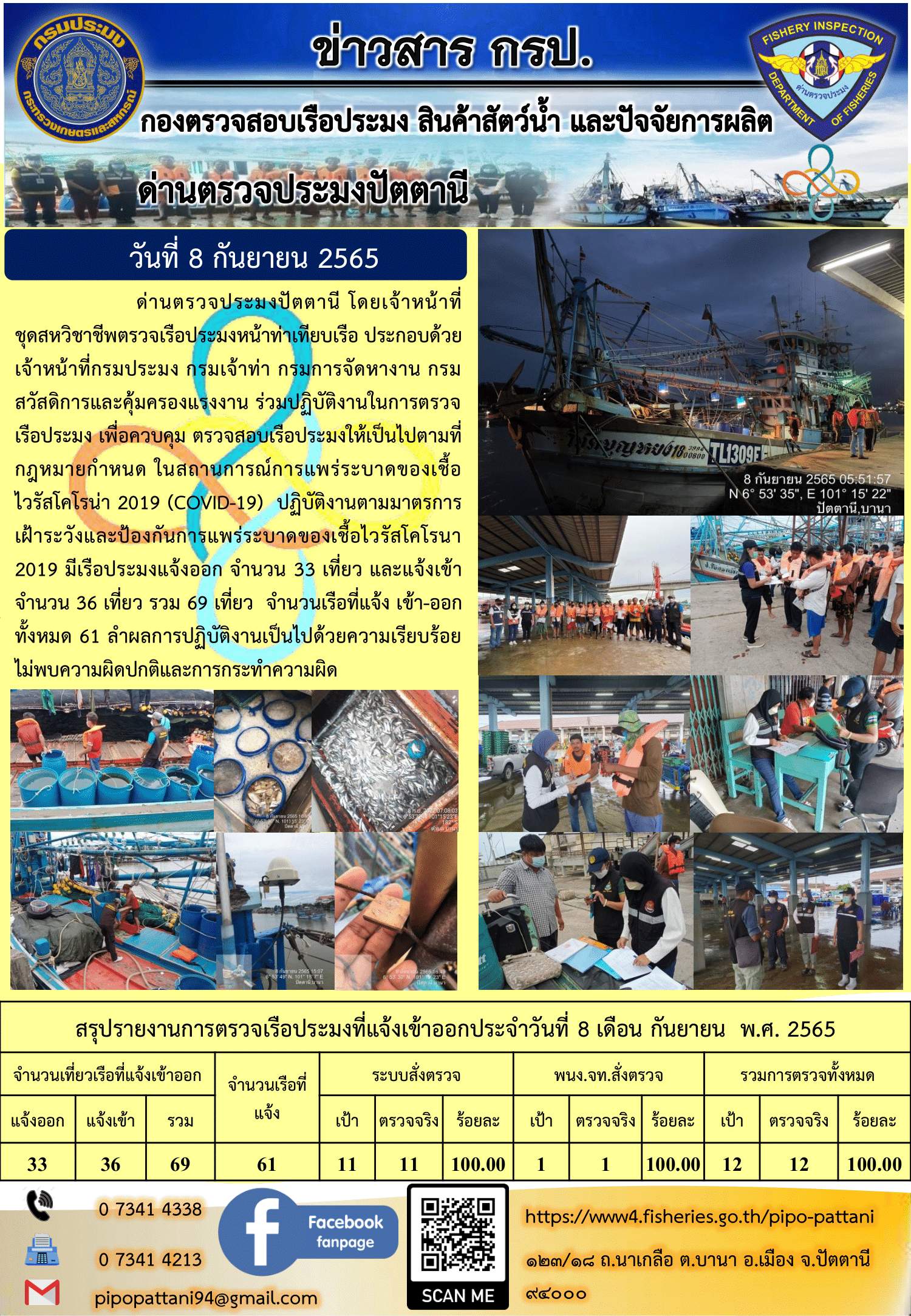 ข่าวสารการปฏิบัติงาน ด่านตรวจประมงปัตตานี 8 ก.ย. 65..คลิก