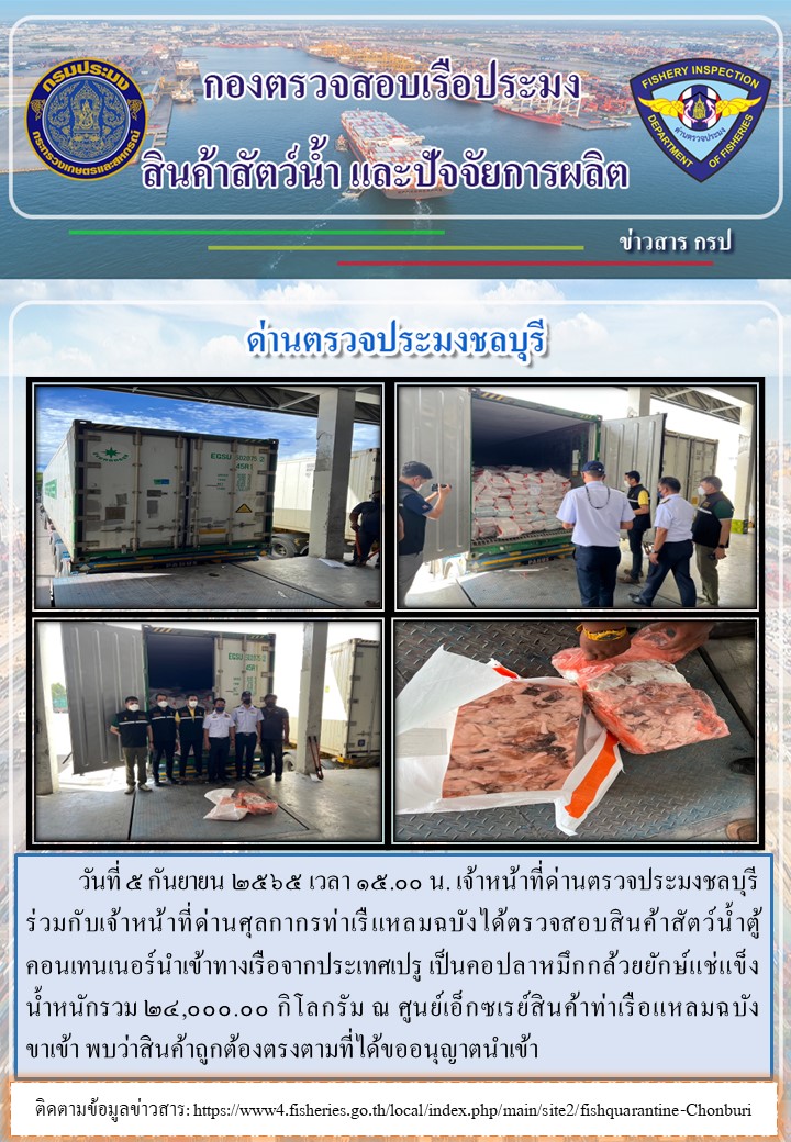 การปฏิบัติงานของเจ้าหน้าที่ด่านตรวจประมงชลบุรีประจำวันที่ 5 กันยายน 2565..คลิก