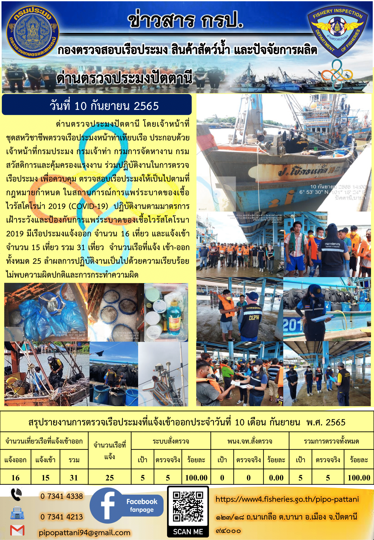 ข่าวสารการปฏิบัติงาน ด่านตรวจประมงปัตตานี 10 ก.ย. 65..คลิก