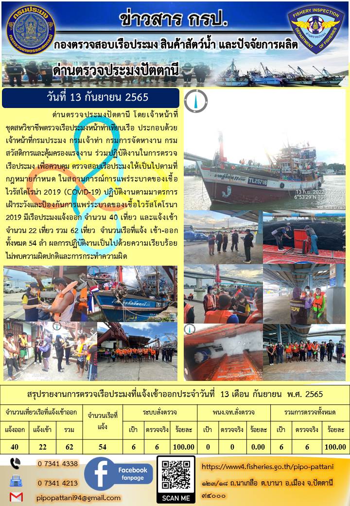 ข่าวสารการปฏิบัติงาน ด่านตรวจประมงปัตตานี 13 ก.ย. 65..คลิก