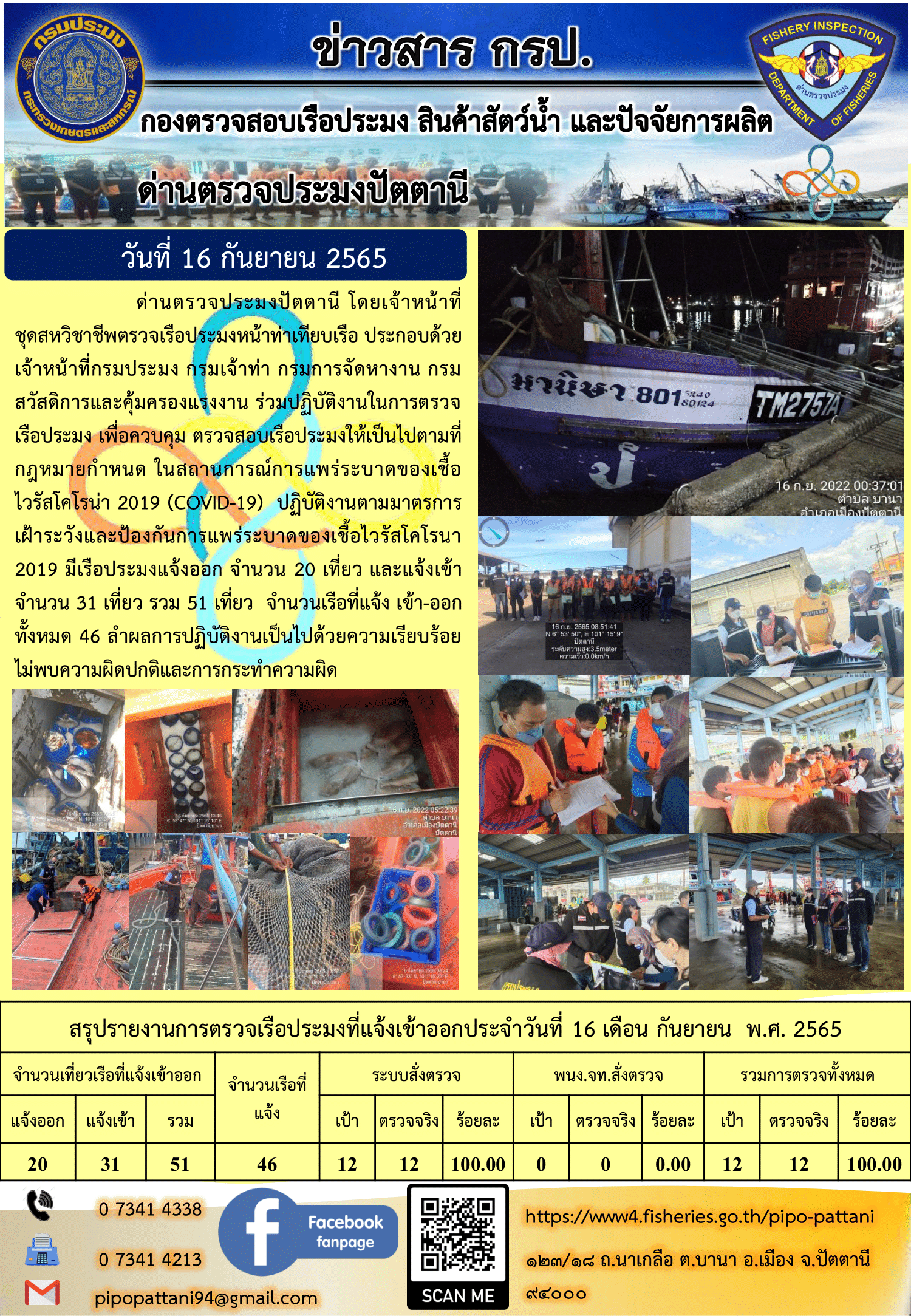 ข่าวสารการปฏิบัติงาน ด่านตรวจประมงปัตตานี 16 ก.ย. 65..คลิก