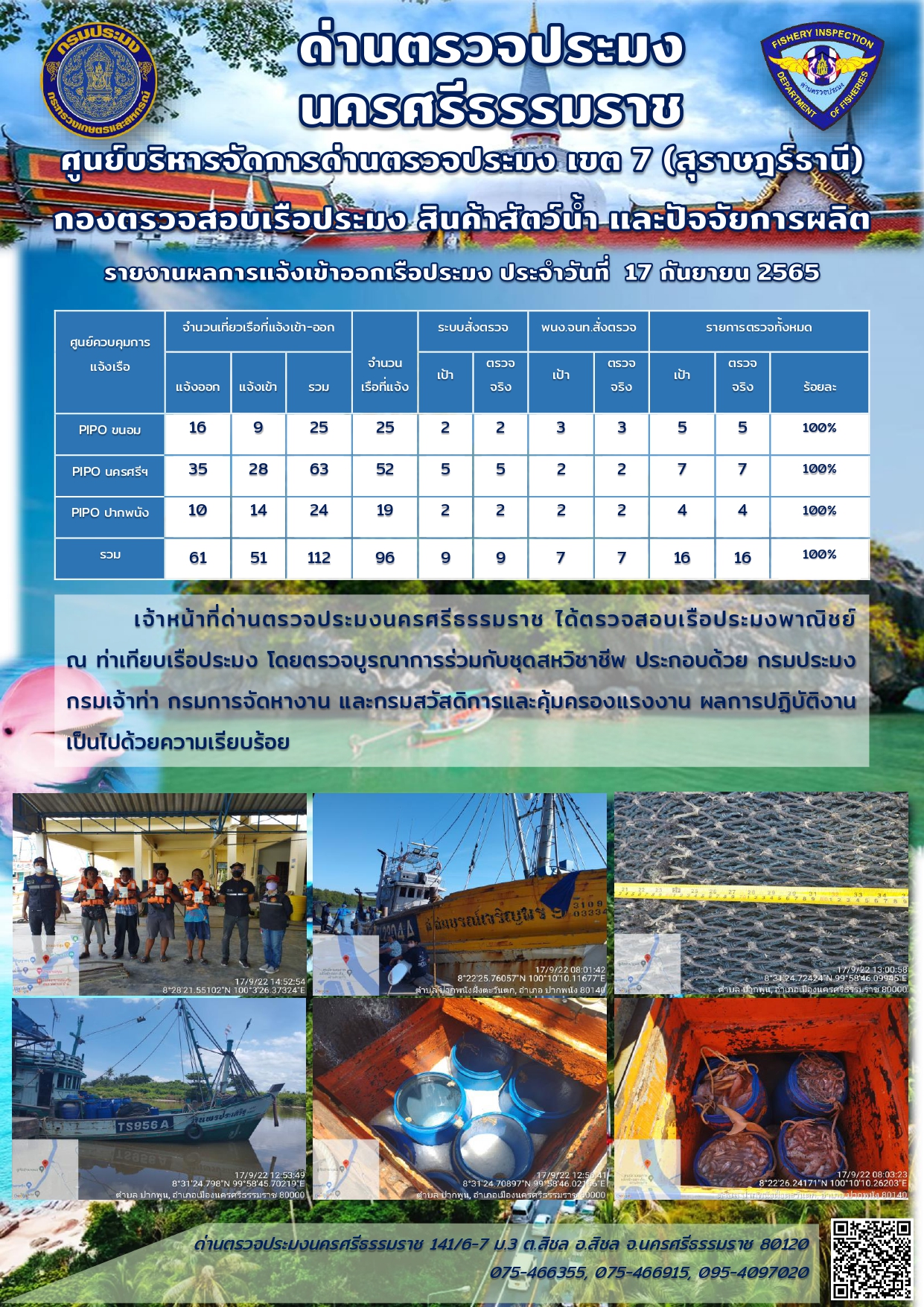 รายงานการปฏิบัติงาน ประจำวันที่ 17 กันยายน 2565