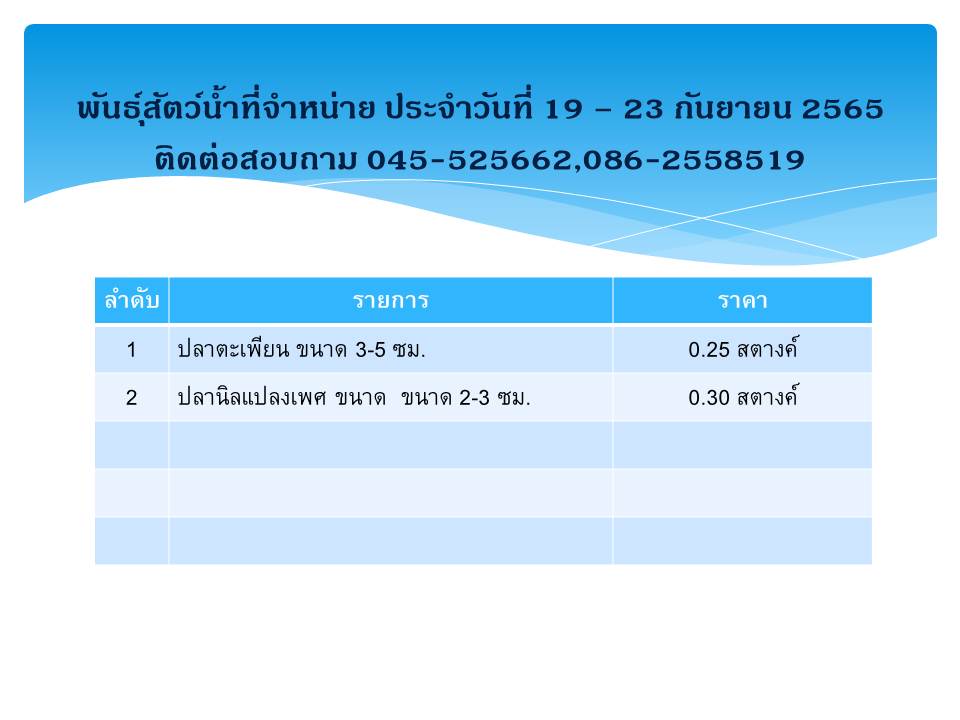 พันธุ์สัตว์น้ำที่จำหน่าย ประจำวันที่ 19-23 กันยายน 2565 ติดต่อสอบถาม 045-525662,086-2558519