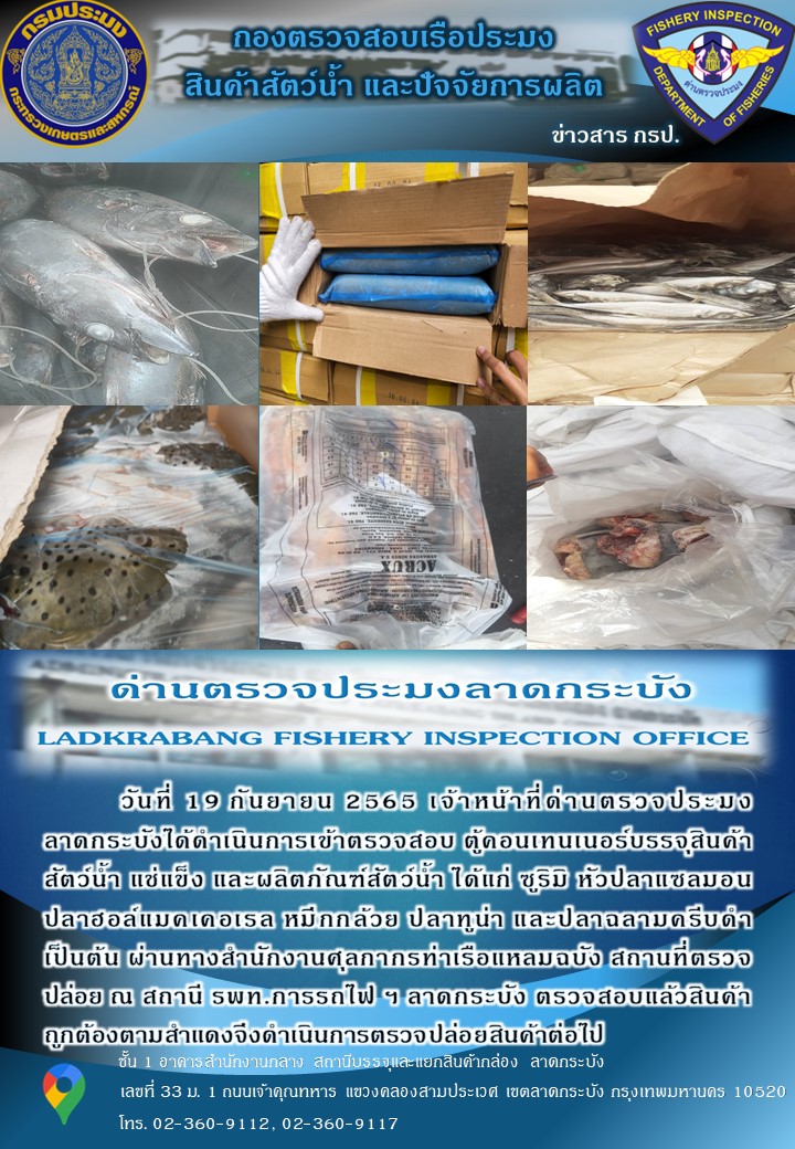 ตรวจสอบสินค้าสัตว์น้ำนำเข้าประจำวันที่ 19 กันยายน 2565..คลิก