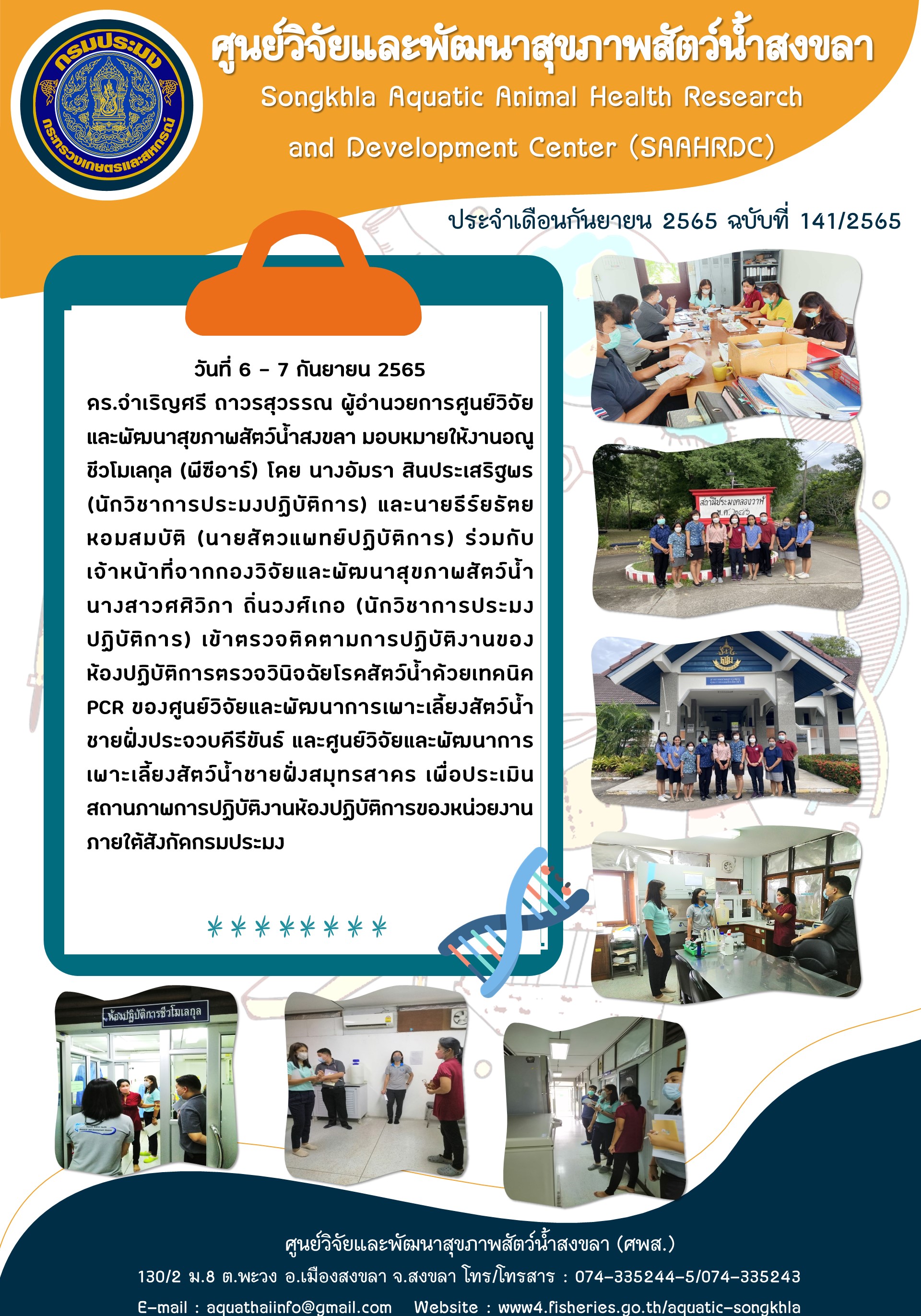 ฉบับที่ 141/65  ศูนย์วิจัยและพัฒนาสุขภาพสัตว์น้ำสงขลา ร่วมกับ เจ้าหน้าที่จากกองวิจัยและพัฒนาสุขภาพสัตว์น้ำ เข้าตรวจติดตามการปฏิบัติงานของ ห้องปฏิบัติการตรวจวินิจฉัยโรคสัตว์น้ำด้วยเทคนิค PCR..คลิก