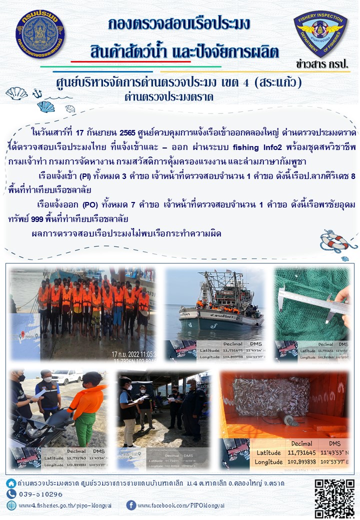 ผลการปฏิบัติงานประจำวันที่ 17 กันยายน 2565..คลิก