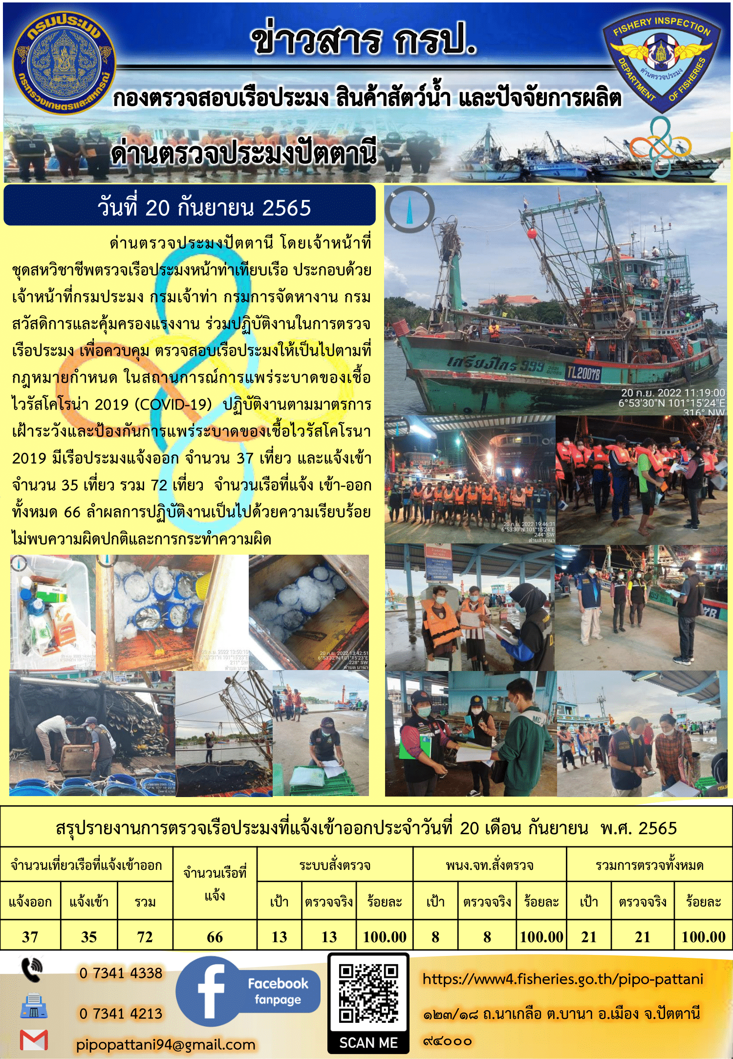 ข่าวสารการปฏิบัติงาน ด่านตรวจประมงปัตตานี 20 ก.ย. 65..คลิก