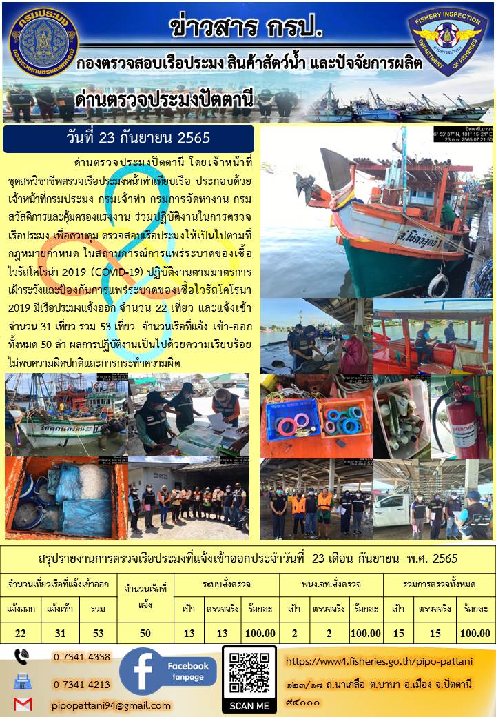 ข่าวสารการปฏิบัติงาน ด่านตรวจประมงปัตตานี 23 ก.ย. 65..คลิก