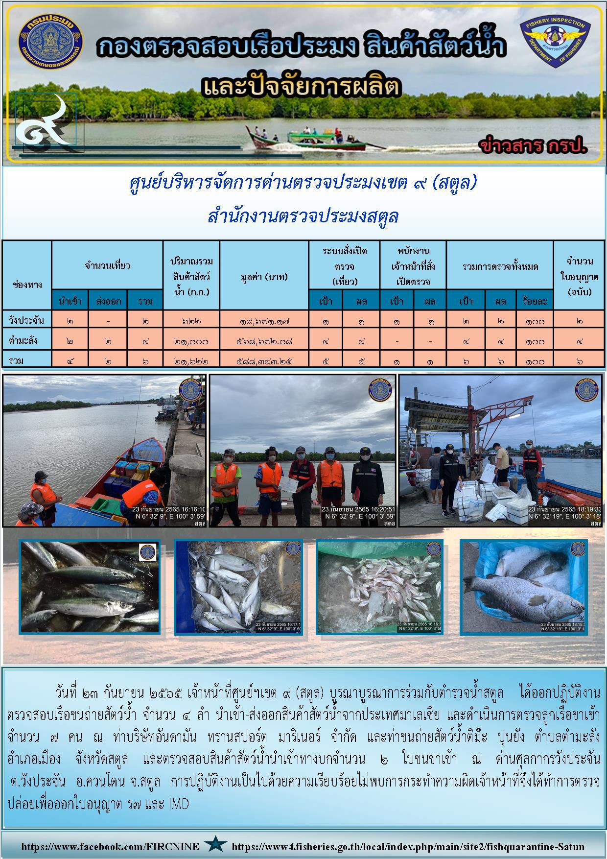 ประชาสัมพันธ์การปฏิบัติงานศูนย์บริหารจัดการด่านตรวจประมงเขต 9 (สตูล) ประจำวันที่ 21-24 กันยายน 2565..คลิก