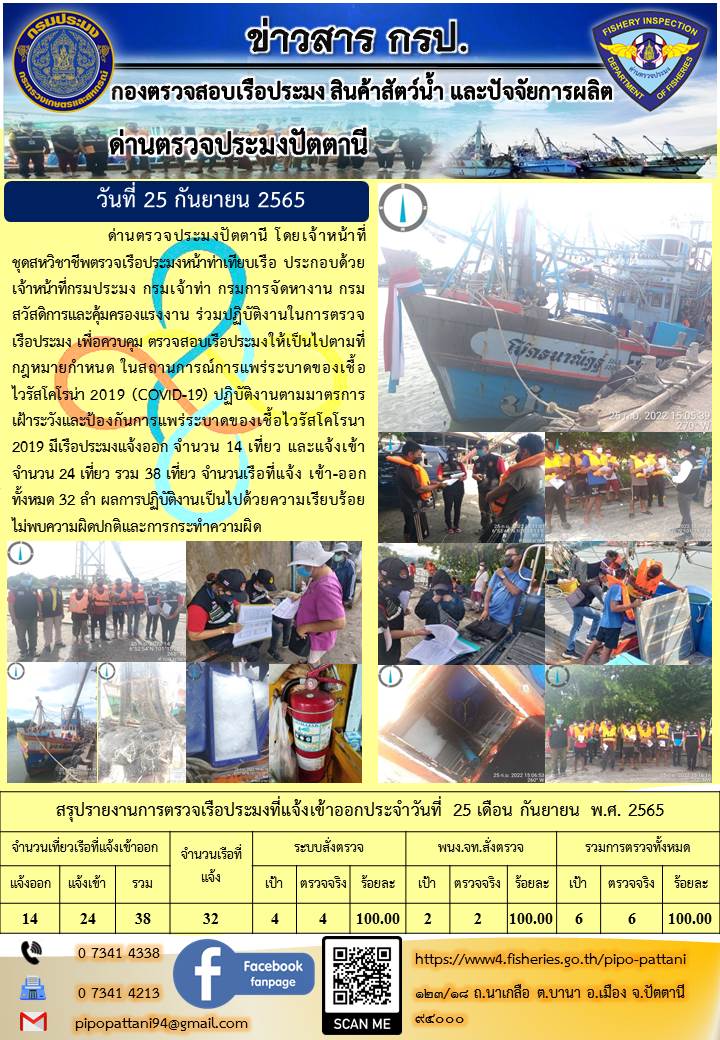 ข่าวสารการปฏิบัติงาน ด่านตรวจประมงปัตตานี 25 ก.ย. 65..คลิก