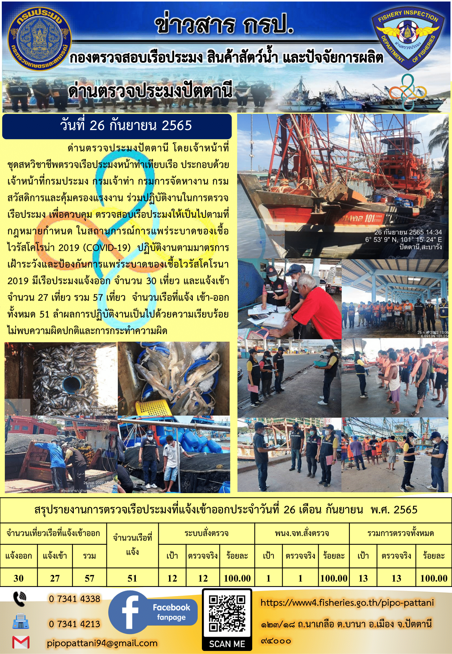 ข่าวสารการปฏิบัติงาน ด่านตรวจประมงปัตตานี 26 ก.ย. 65..คลิก