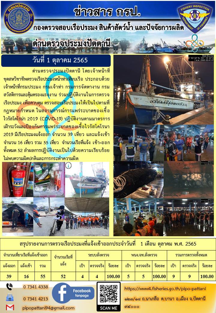 ข่าวสารการปฏิบัติงาน ด่านตรวจประมงปัตตานี 1 ต.ค.65..คลิก