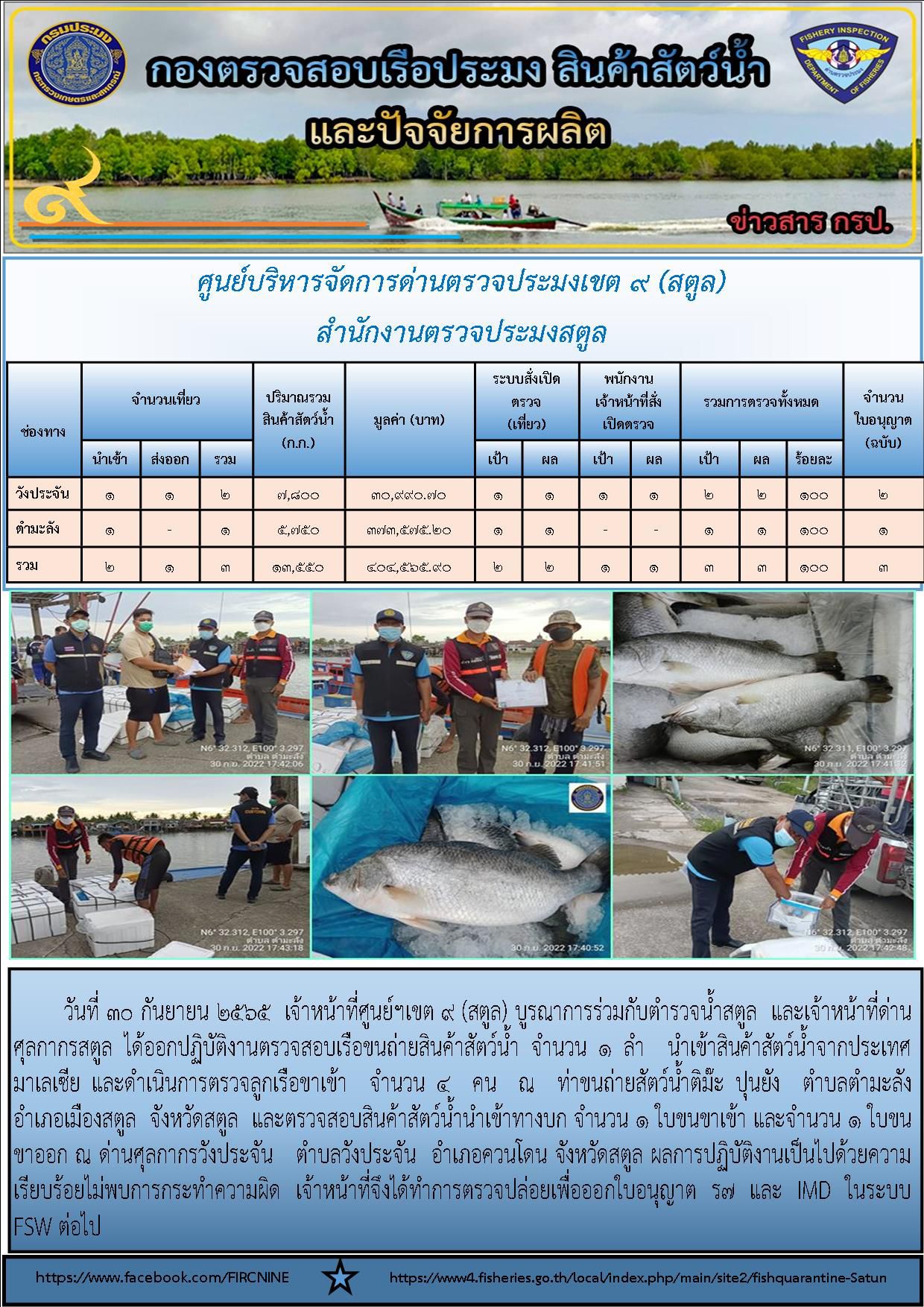 ประชาสัมพันธ์การปฏิบัติงานศูนย์บริหารจัดการด่านตรวจประมงเขต 9 (สตูล) ประจำวันที่ 26-30 กันยายน 2565..คลิก