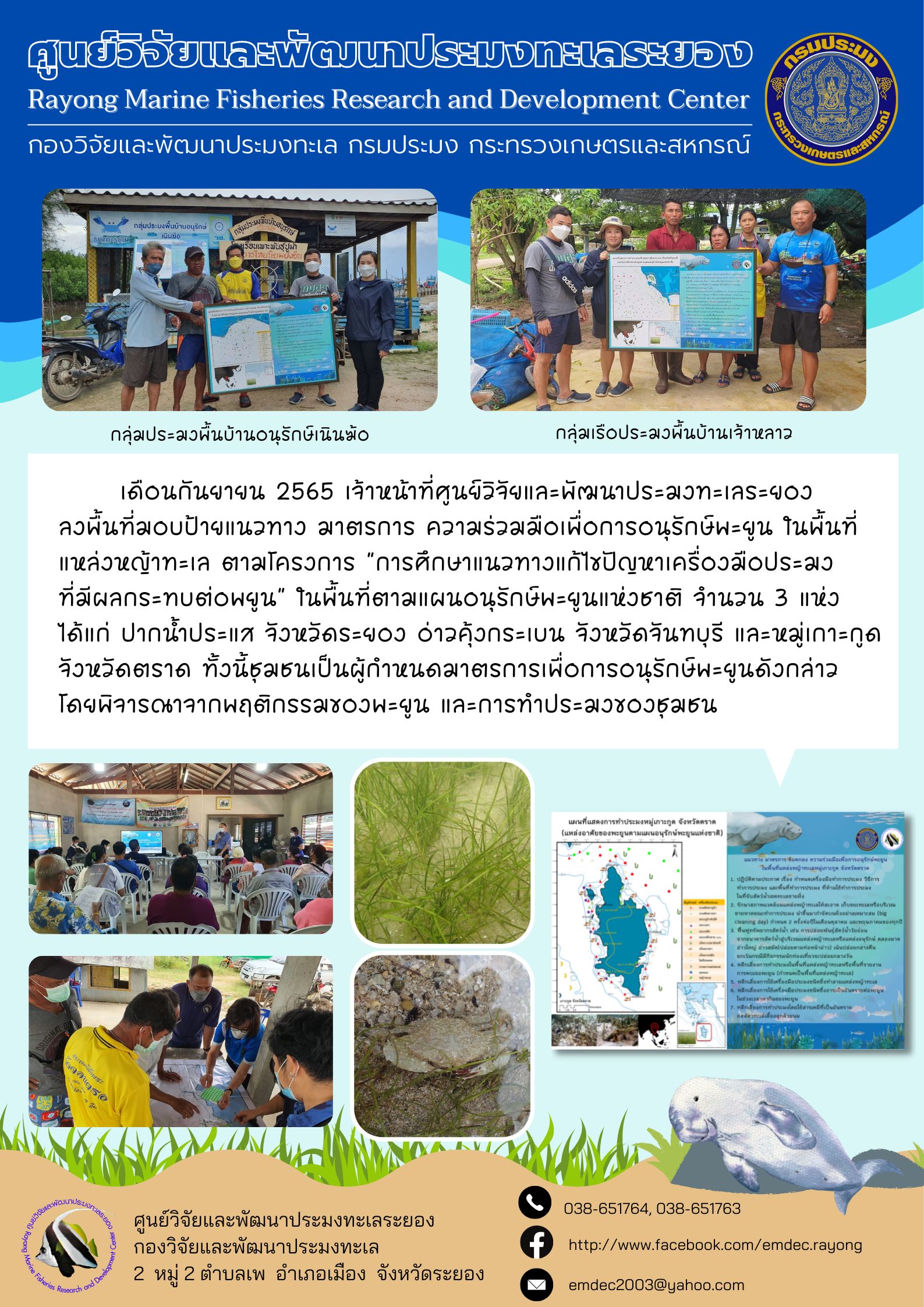 เดือนกันยายน 2565 เจ้าหน้าที่ศูนย์วิจัยและพัฒนาประมงทะเลระยองลงพื้นที่มอบป้ายแนวทาง มาตรการ ความร่วมมือเพื่อการอนุรักษ์พะยูน ในพื้นที่แหล่งหญ้าทะเล ตามโครงการ “การศึกษาแนวทางแก้ไข้ปัญหาเครื่องมือประมงที่มีผลกระทบต่อพะยูน” ในพื้นที่ตามแผนอนุรักษ์พะยูนแห่งชาติ จำนวน 3 แห่ง ได้แก่ ปากน้ำประแส จังหวัดระยอง อ่าวคุ้งกระเบน จังหวัดจันทบุรี และหมู่เกาะกูด จังหวัดตราด ทั้งนี้ชุมชนเป็นผู้กำหนดมาตรการเพื่อการอนุรักษ์พะยูนดังกว่าโดย พิจารณาจากพฤติกรรมของพะยูน และการทำประมงของชุมชน..คลิก