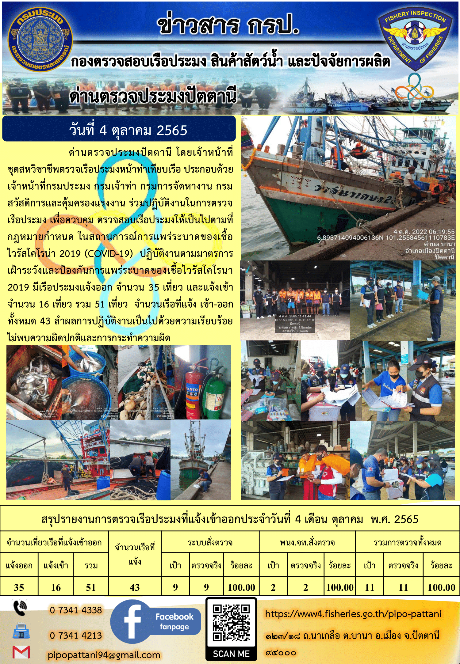 ข่าวสารการปฏิบัติงาน ด่านตรวจประมงปัตตานี 4 ต.ค. 65..คลิก