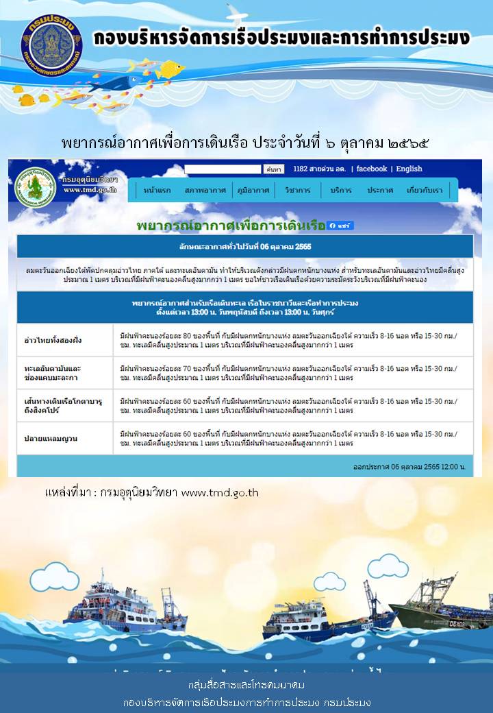 พยากรณ์อากาศเพื่อการเดินเรือ ประจำวันที่ 6 ตุลาคม 2565..คลิก