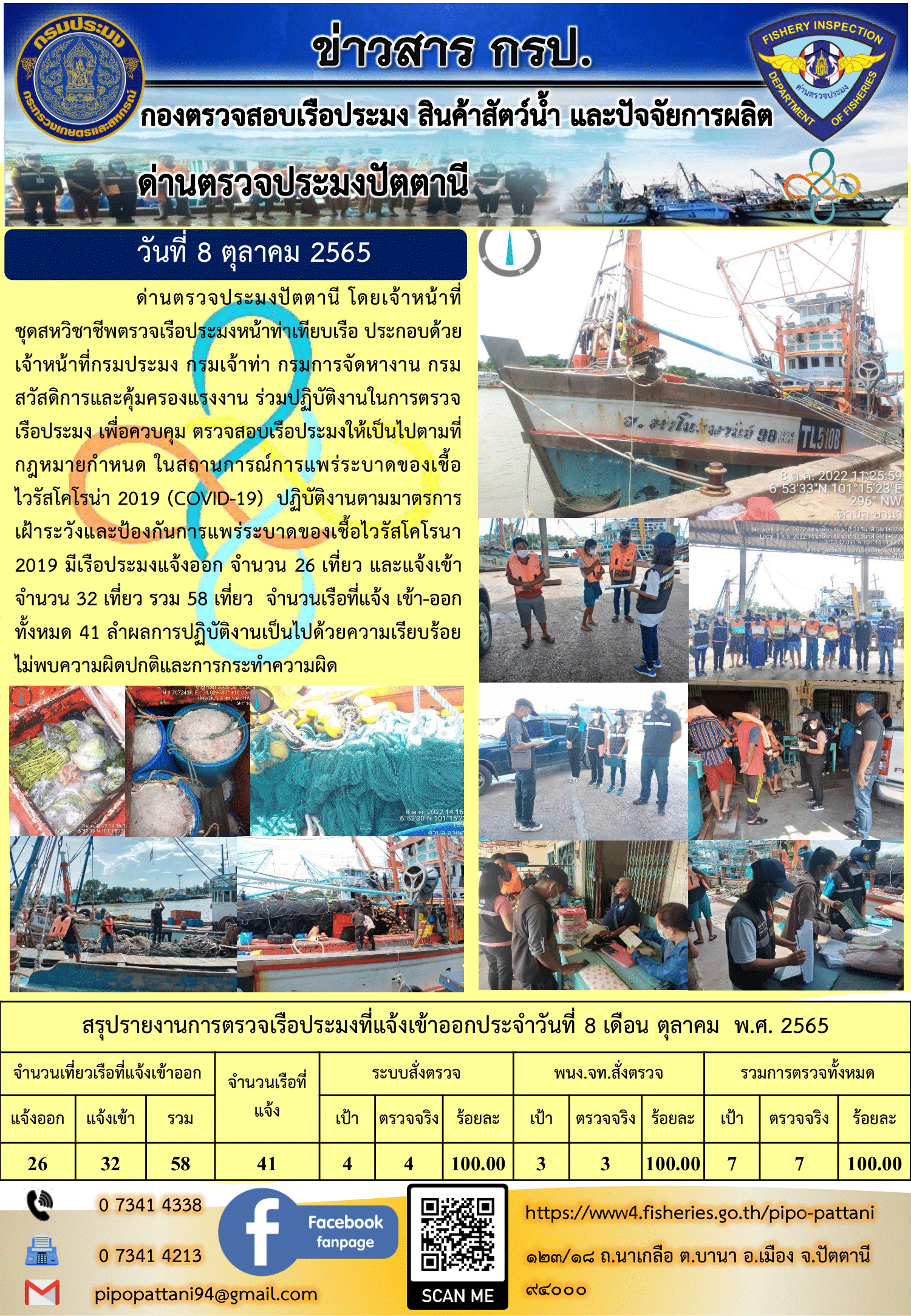 ข่าวสารการปฏิบัติงาน ด่านตรวจประมงปัตตานี 8 ต.ค. 65