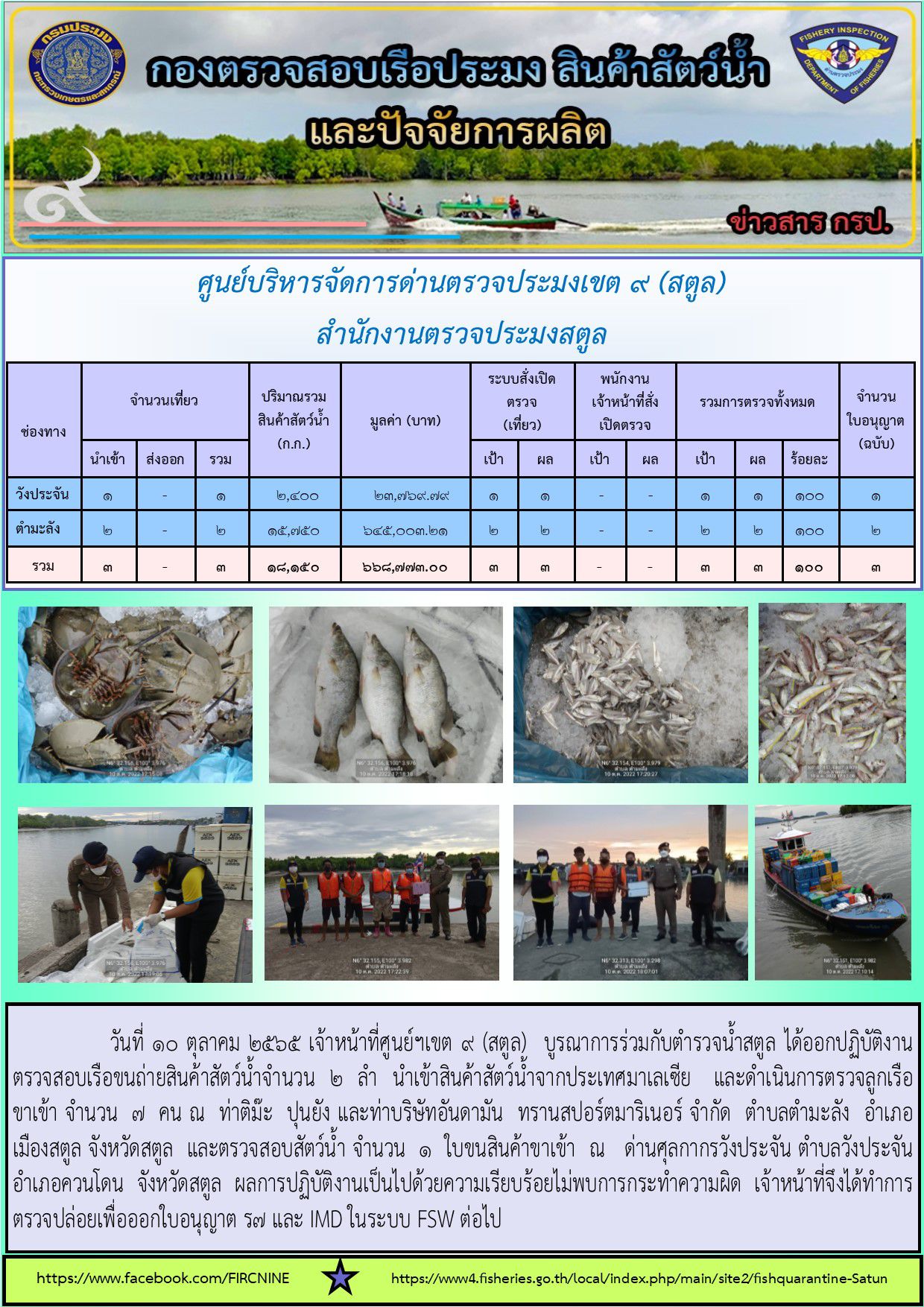ประชาสัมพันธ์การปฏิบัติงานศูนย์บริหารจัดการด่านตรวจประมงเขต 9(สตูล) ประจำวันที่ 6-10 ตุลาคม 2565..คลิก