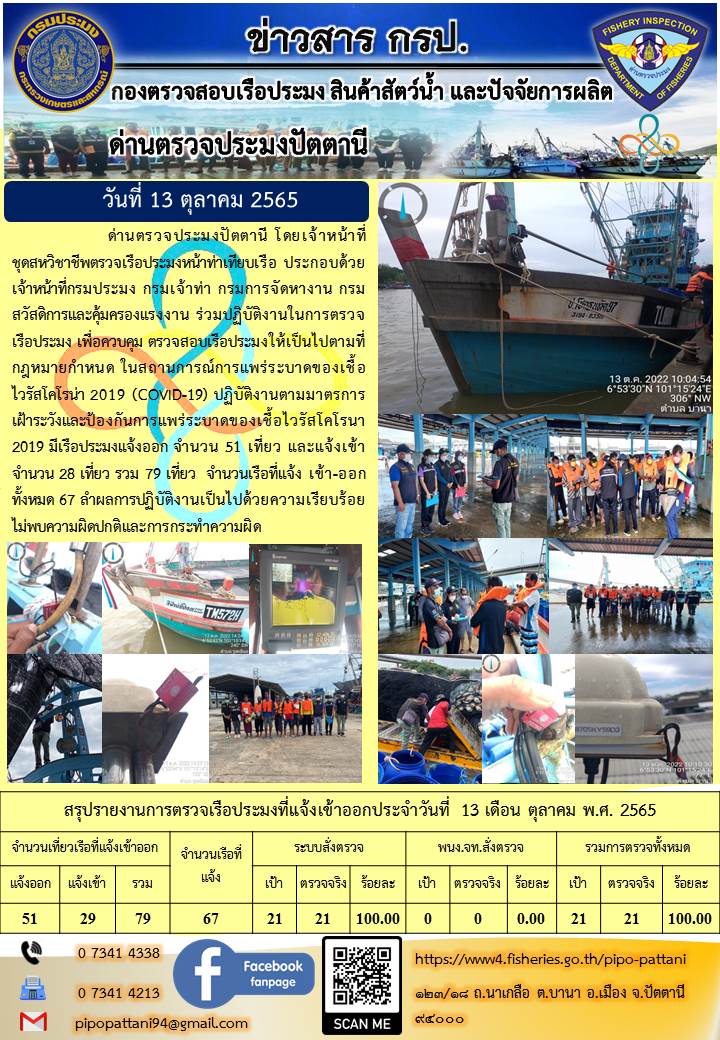 ข่าวสารการปฏิบัติงาน ด่านตรวจประมงปัตตานี 13 ต.ค. 65