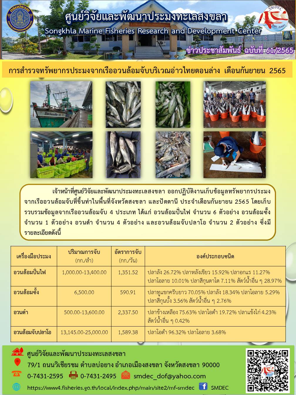 เจ้าหน้าที่ศูนย์วิจัยและพัฒนาประมงทะเลสงขลา ออกปฏิบัติงานเก็บข้อมูลทรัพยากรประมงจากเรืออวนล้อมจับที่ขึ้นท่าในพื้นที่จังหวัดสงขลา และปัตตานี ประจำเดือนกันยายน 2565..คลิก