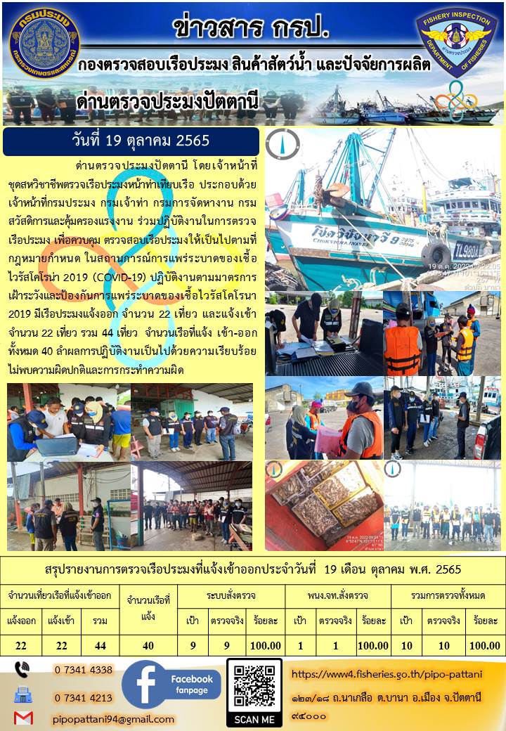 ข่าวสารการปฏิบัติงาน ด่านตรวจประมงปัตตานี 19 ต.ค. 65