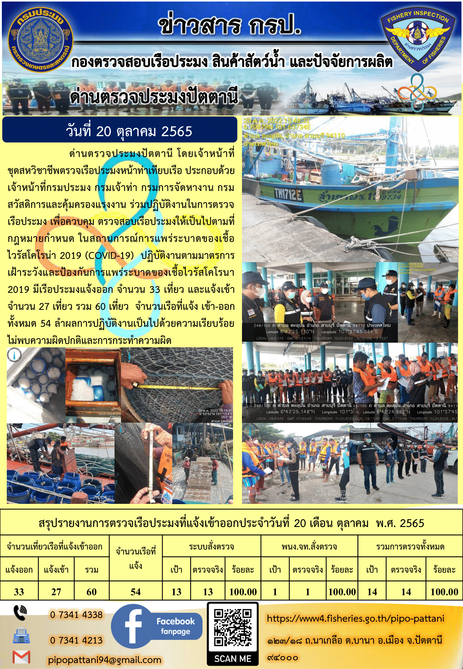 ข่าวสารการปฏิบัติงาน ด่านตรวจประมงปัตตานี 20 ต.ค. 65
