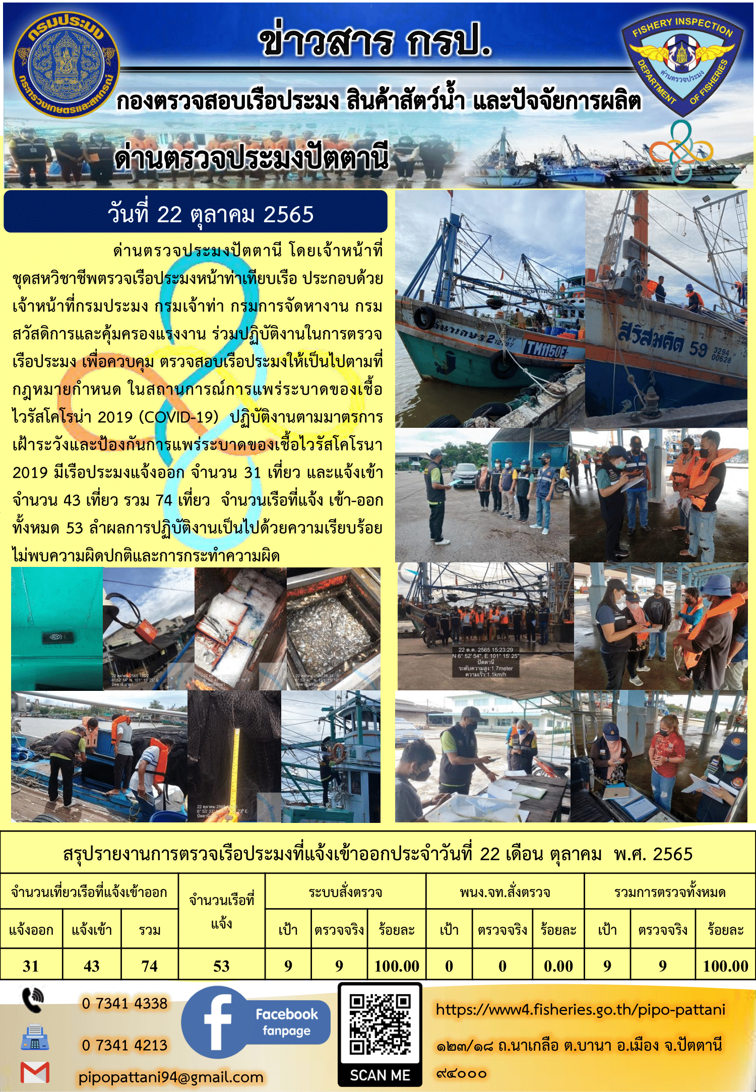 ข่าวสารการปฏิบัติงาน ด่านตรวจประมงปัตตานี 22 ต.ค. 65