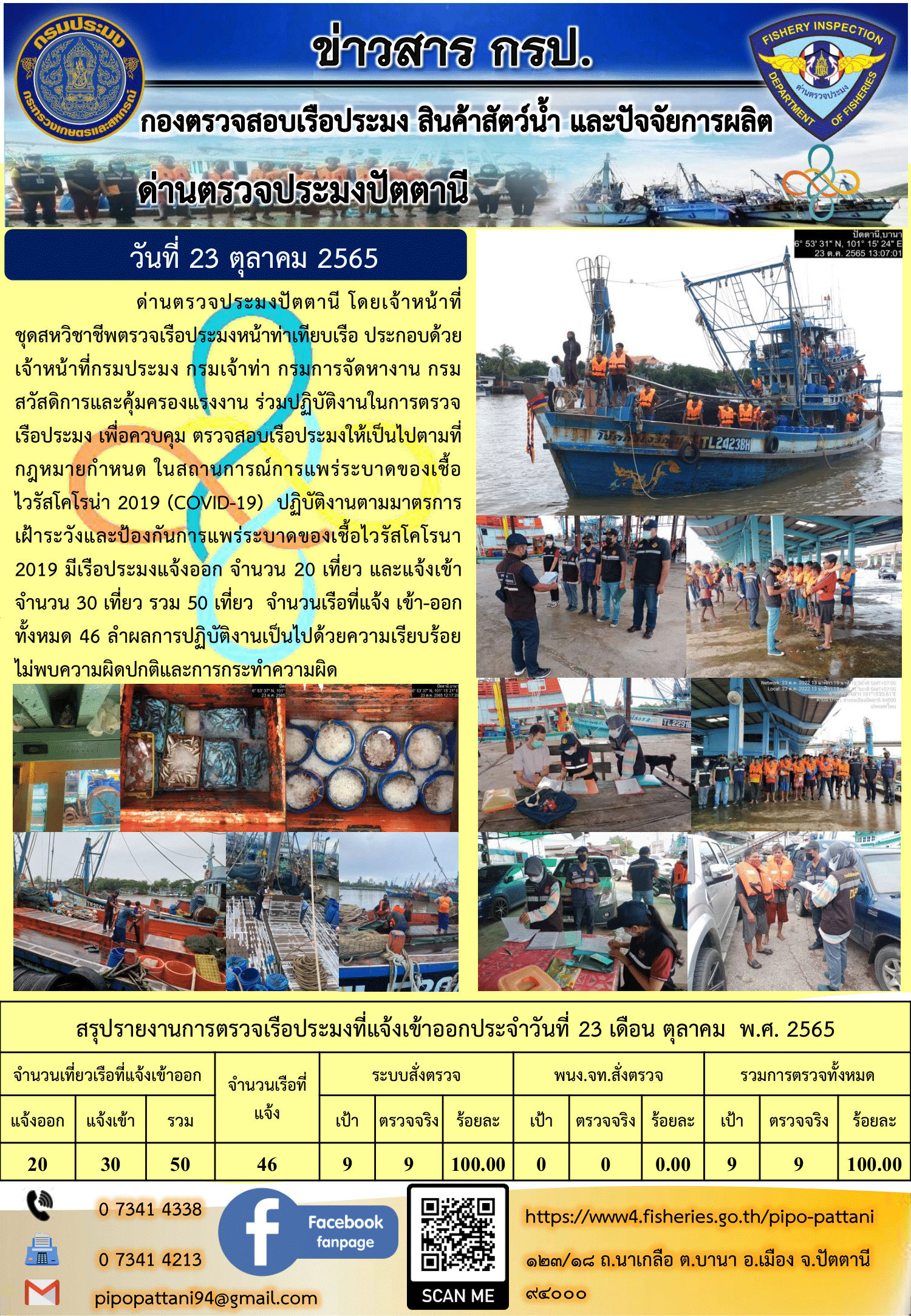 ข่าวสารการปฏิบัติงาน ด่านตรวจประมงปัตตานี 23 ต.ค. 65