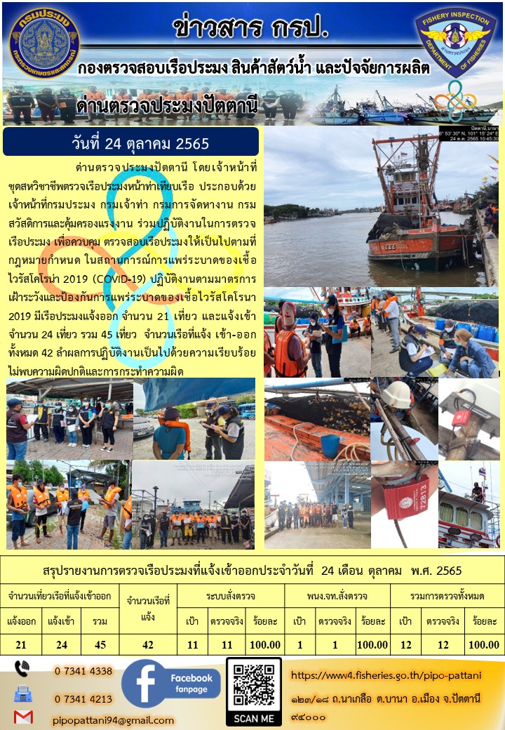 ข่าวสารการปฏิบัติงาน ด่านตรวจประมงปัตตานี 24 ต.ค. 65..คลิก