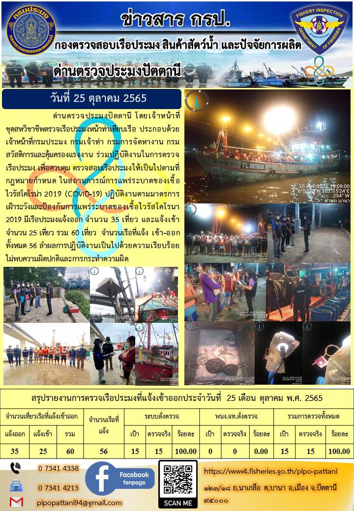 ข่าวสารการปฏิบัติงาน ด่านตรวจประมงปัตตานี 25 ต.ค. 65..คลิก