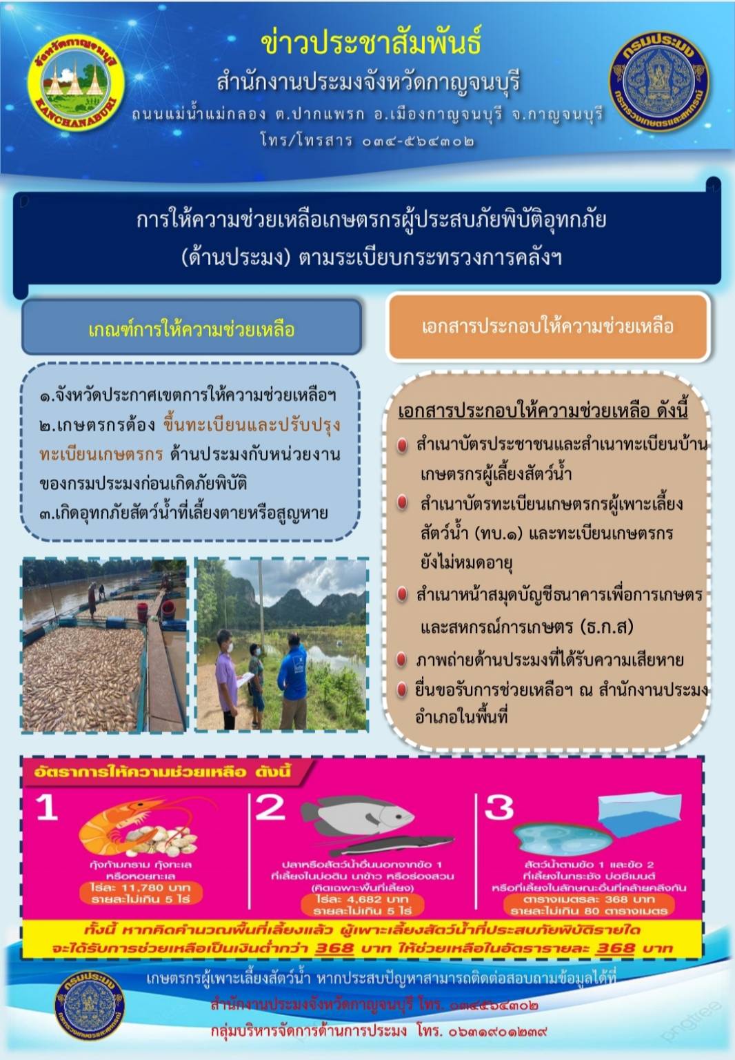 การช่วยเหลือเกษตรกรผู้ประสบภัยพิบัติอุทกภัย (ด้านประมง) ตามระเบียบกระทรวงการคลัง..คลิก