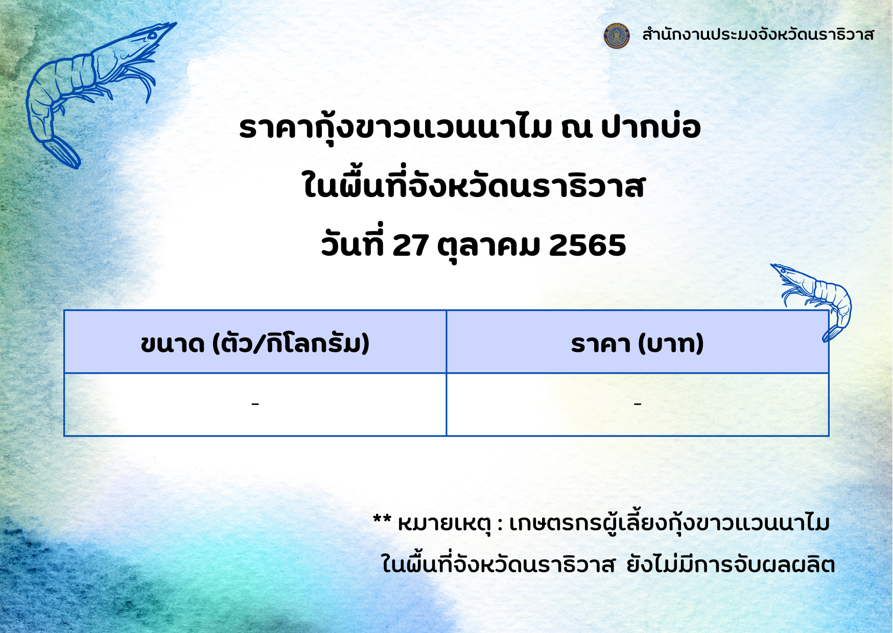ราคากุ้งขาวแวนนาไม ณ ปากบ่อ พื้นที่จังหวัดนราธิวาส วันที่ 27 ตุลาคม 2565..คลิก